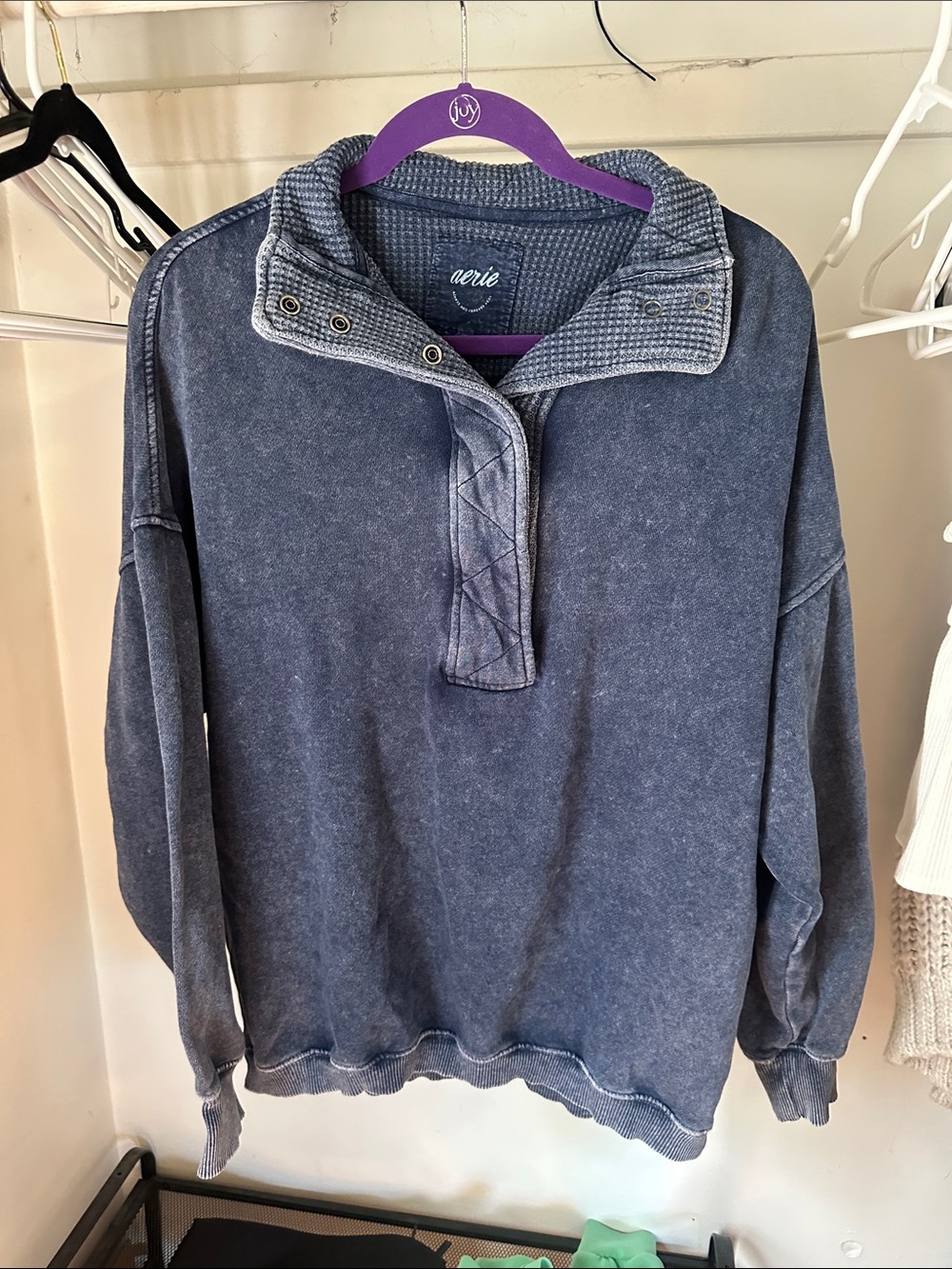 aerie Vintage Wash Navy Pullover Snap-Front Sweatshirt